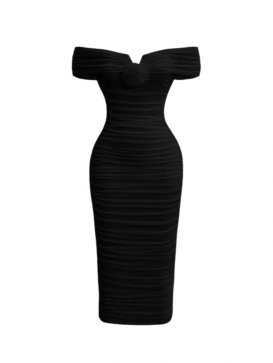 Black Romantic Off Shoulder Ruched 3D Flower Women Long Bodycon Dress Elegant Evening Dress