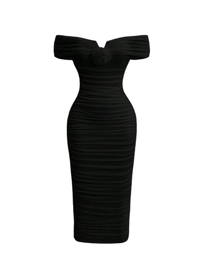 Black Romantic Off Shoulder Ruched 3D Flower Women Long Bodycon Dress Elegant Evening Dress