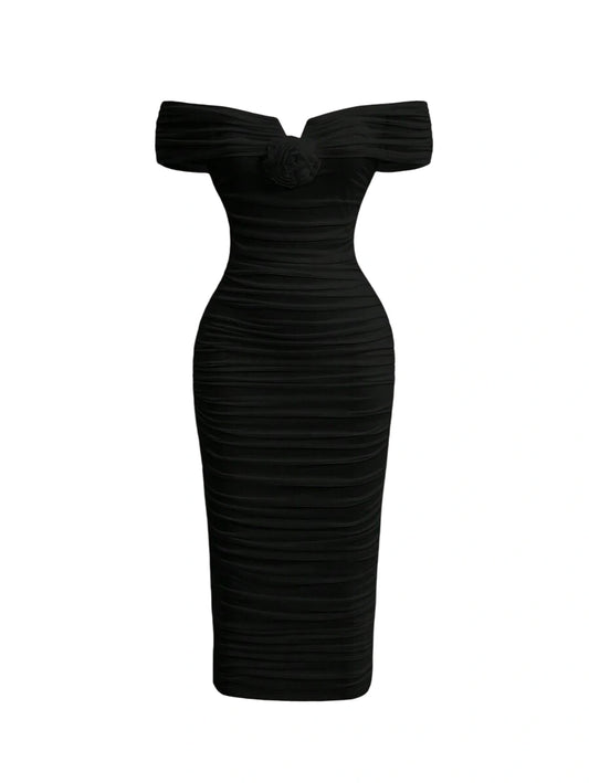 Black Romantic Off Shoulder Ruched 3D Flower Women Long Bodycon Dress Elegant Evening Dress