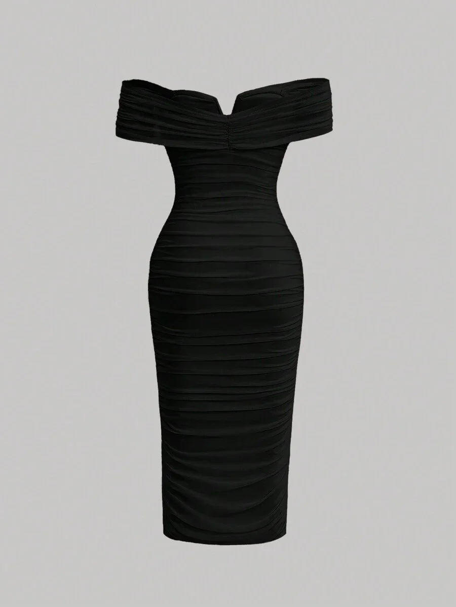 Black Romantic Off Shoulder Ruched 3D Flower Women Long Bodycon Dress Elegant Evening Dress