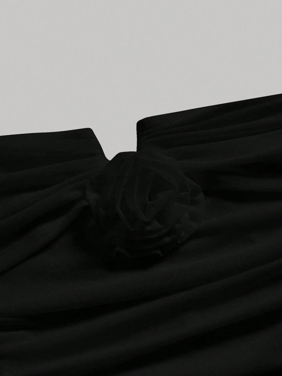 Black Romantic Off Shoulder Ruched 3D Flower Women Long Bodycon Dress Elegant Evening Dress