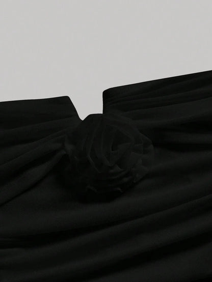 Black Romantic Off Shoulder Ruched 3D Flower Women Long Bodycon Dress Elegant Evening Dress