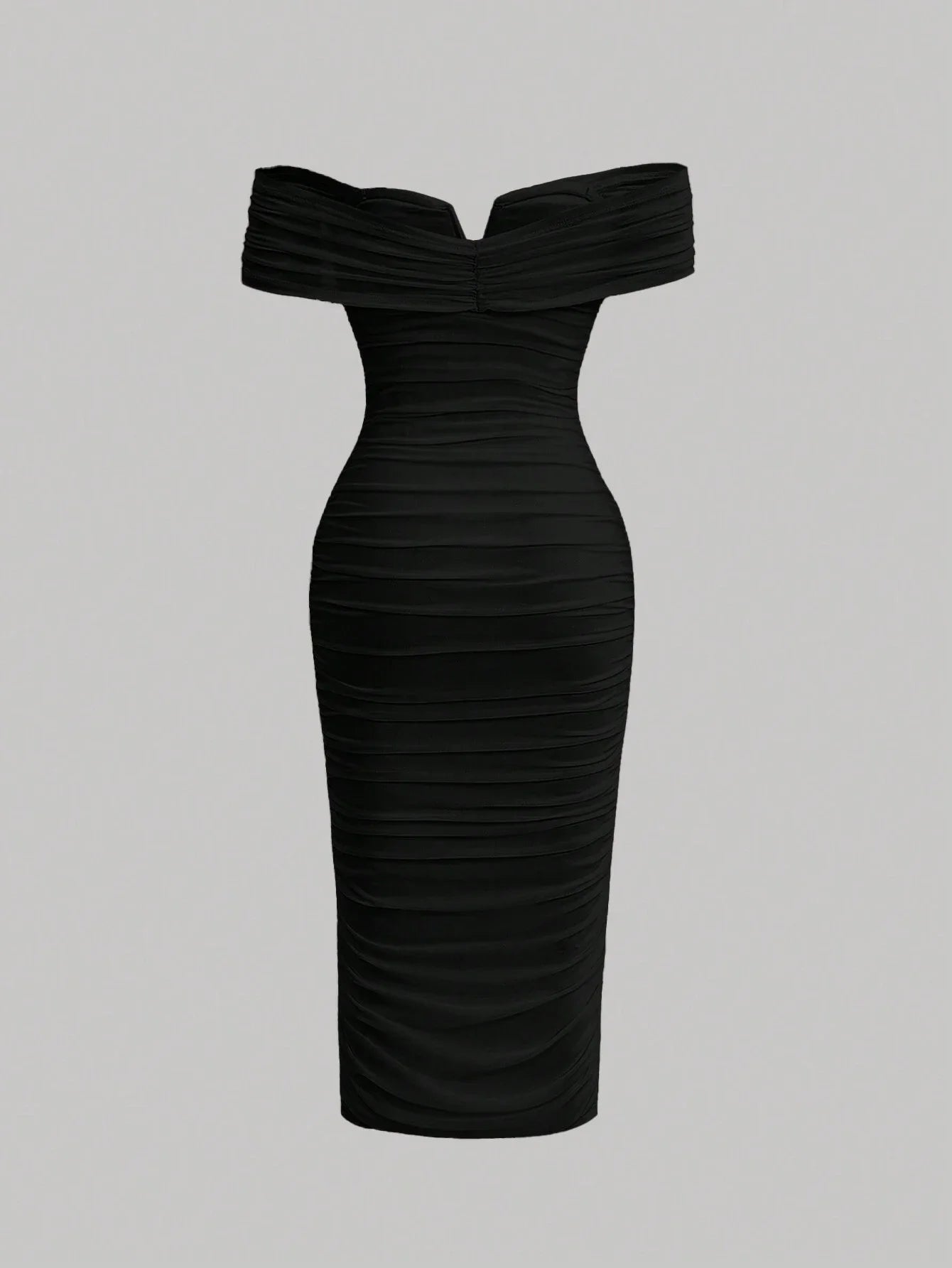 Black Romantic Off Shoulder Ruched 3D Flower Women Long Bodycon Dress Elegant Evening Dress