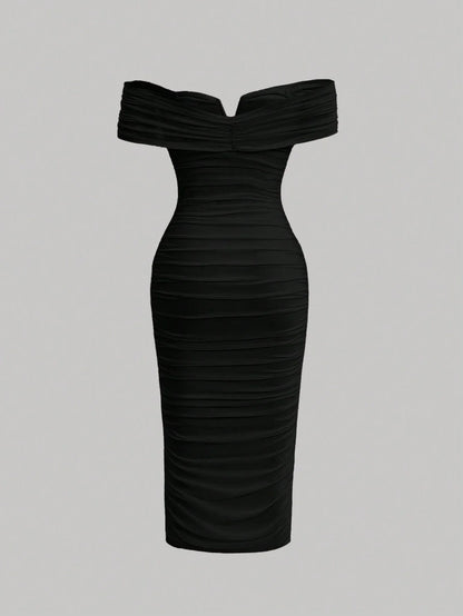 Black Romantic Off Shoulder Ruched 3D Flower Women Long Bodycon Dress Elegant Evening Dress