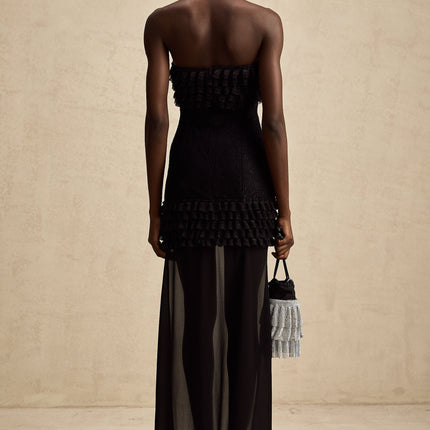 Black ruched mini dress with train by Michele