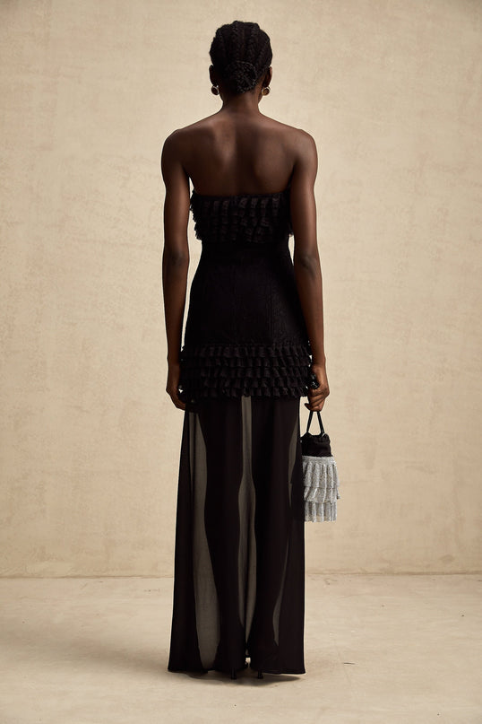 Black ruched mini dress with train by Michele