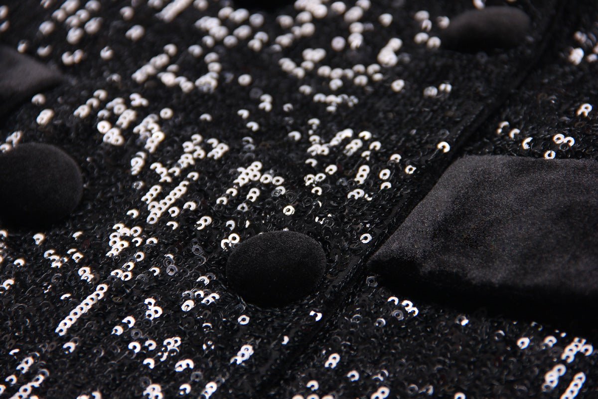 Black sequin double-breasted blazer with velvet lapels