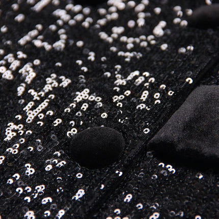 Black sequin double-breasted blazer with velvet lapels