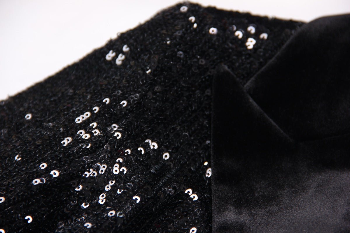 Black sequin double-breasted blazer with velvet lapels