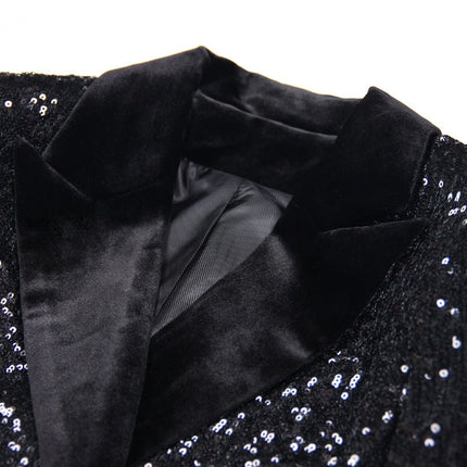 Black Sequin Double-Breasted Blazer with Velvet Lapels