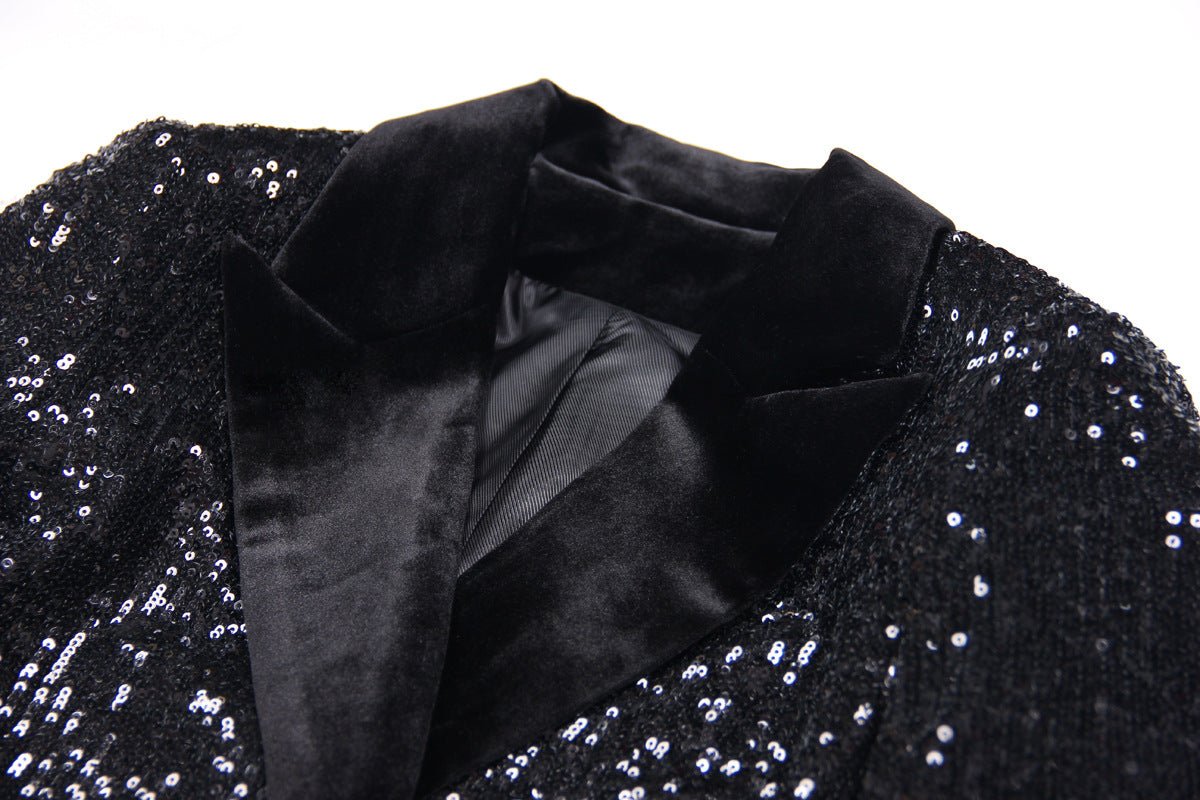 Black Sequin Double-Breasted Blazer with Velvet Lapels