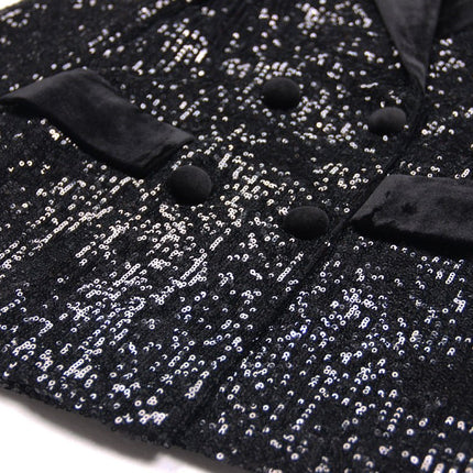Black sequin double-breasted blazer with velvet lapels
