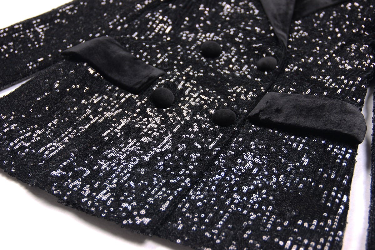 Black sequin double-breasted blazer with velvet lapels