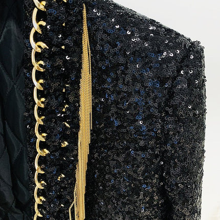 Black sequin embellished blazer with gold fringe accents