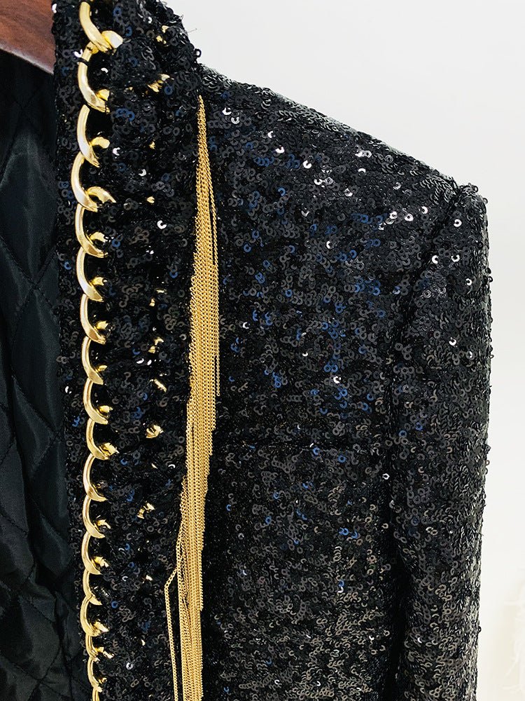 Black sequin embellished blazer with gold fringe accents