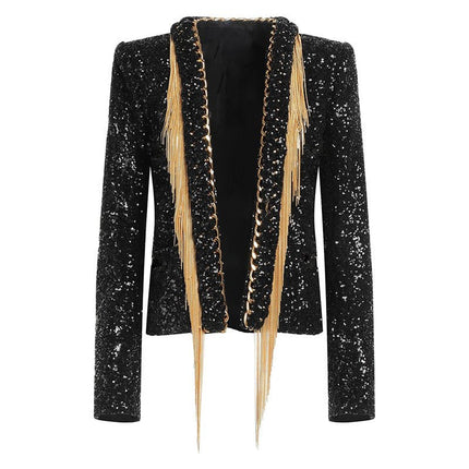Black sequin embellished blazer with gold fringe accents