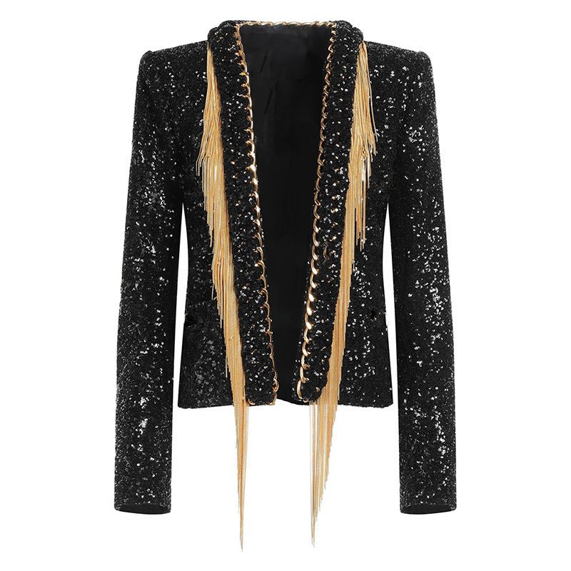 Black sequin embellished blazer with gold fringe accents