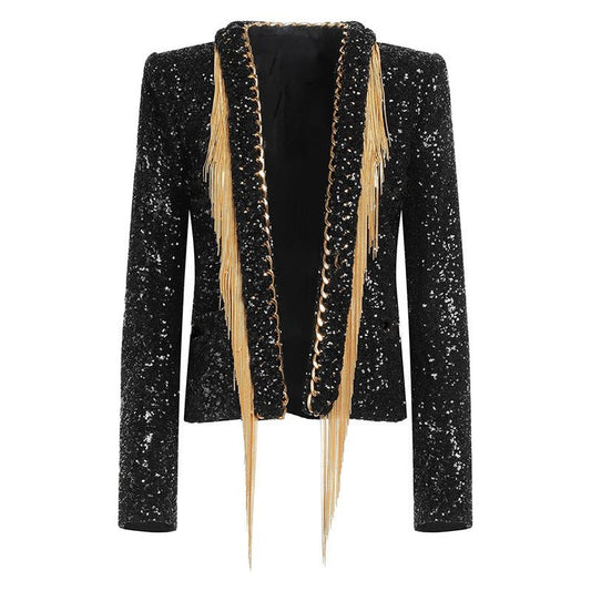 Black sequin embellished blazer with gold fringe accents