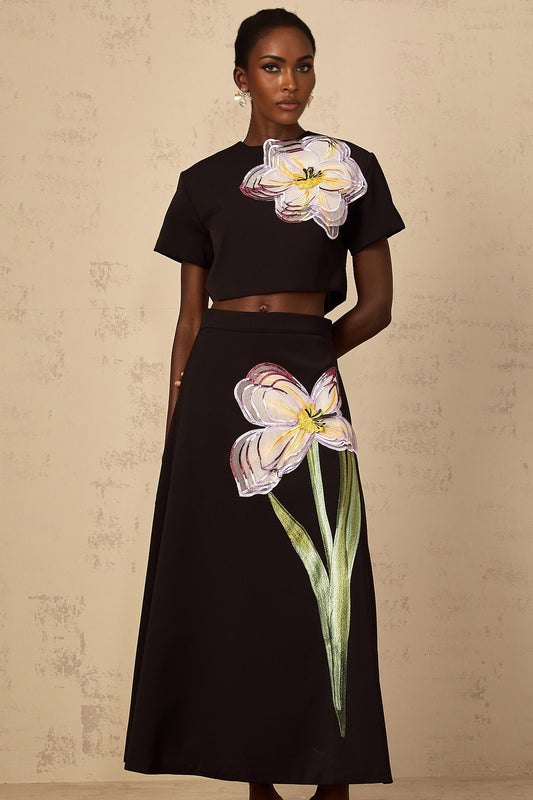 Black sequin floral embroidered matching set for women featuring top and bottom pieces with shimmering design and floral pattern