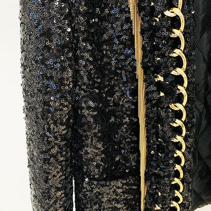 Black Sequin Fringed Blazer with Gold Accents