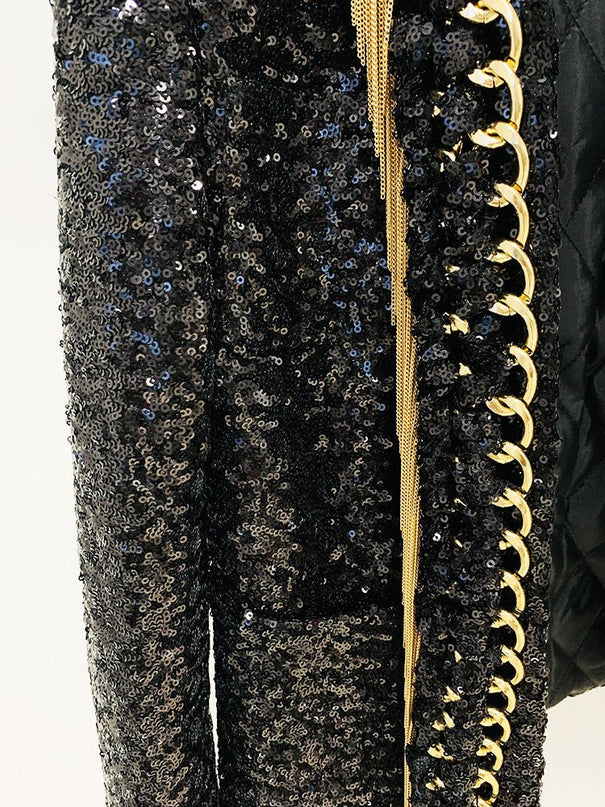 Black Sequin Fringed Blazer with Gold Accents