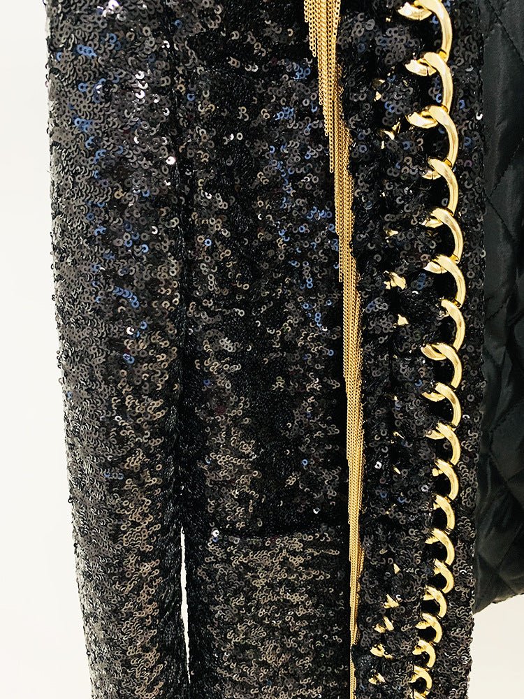 Black Sequin Fringed Blazer with Gold Accents