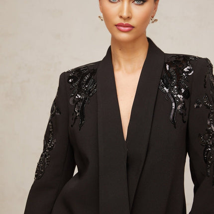 Black sequined blazer dress with embellishments called Elena