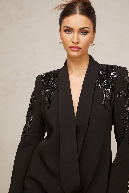 Black sequined blazer dress with embellishments called Elena