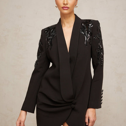 Black sequined blazer dress with embellishments called Elena