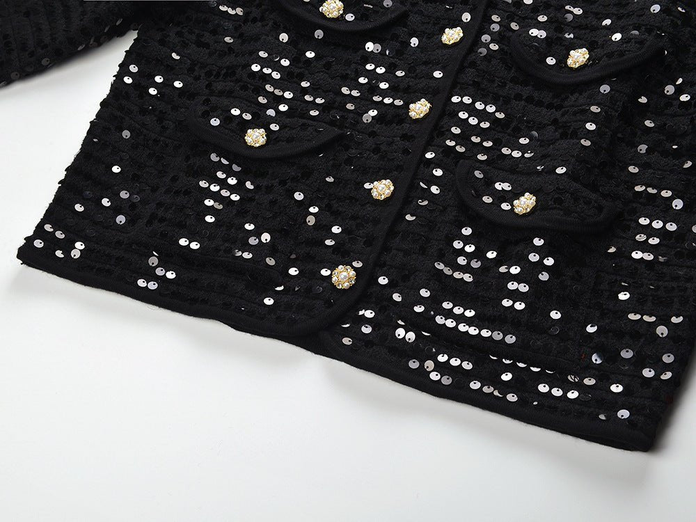 Black sequined cropped jacket with bejeweled buttons
