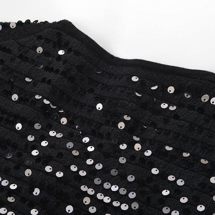 Black sequined cropped jacket with bejeweled buttons