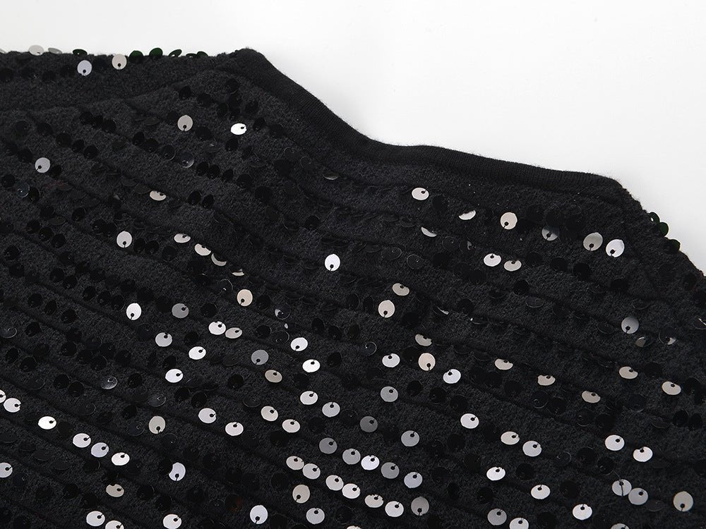 Black sequined cropped jacket with bejeweled buttons