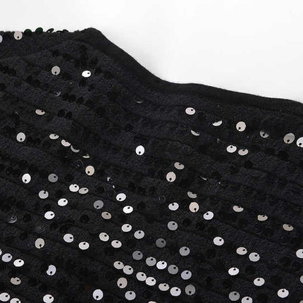 Black sequined cropped jacket with bejeweled buttons