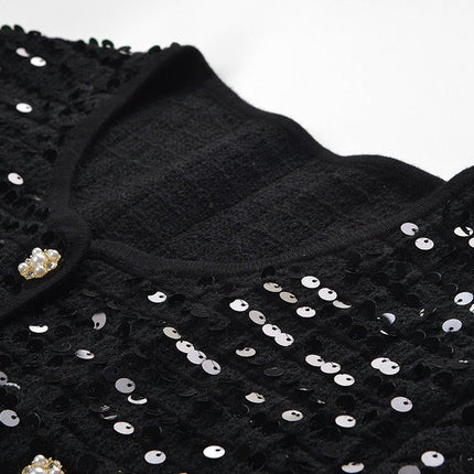 Black Sequined Cropped Jacket with Bejeweled Buttons