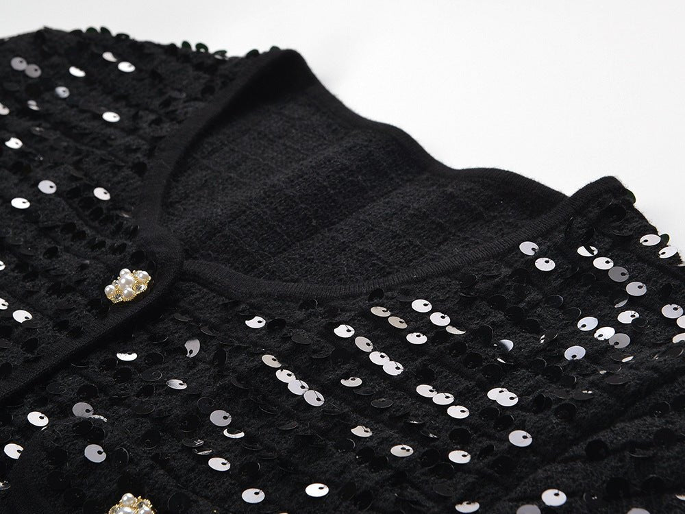 Black Sequined Cropped Jacket with Bejeweled Buttons