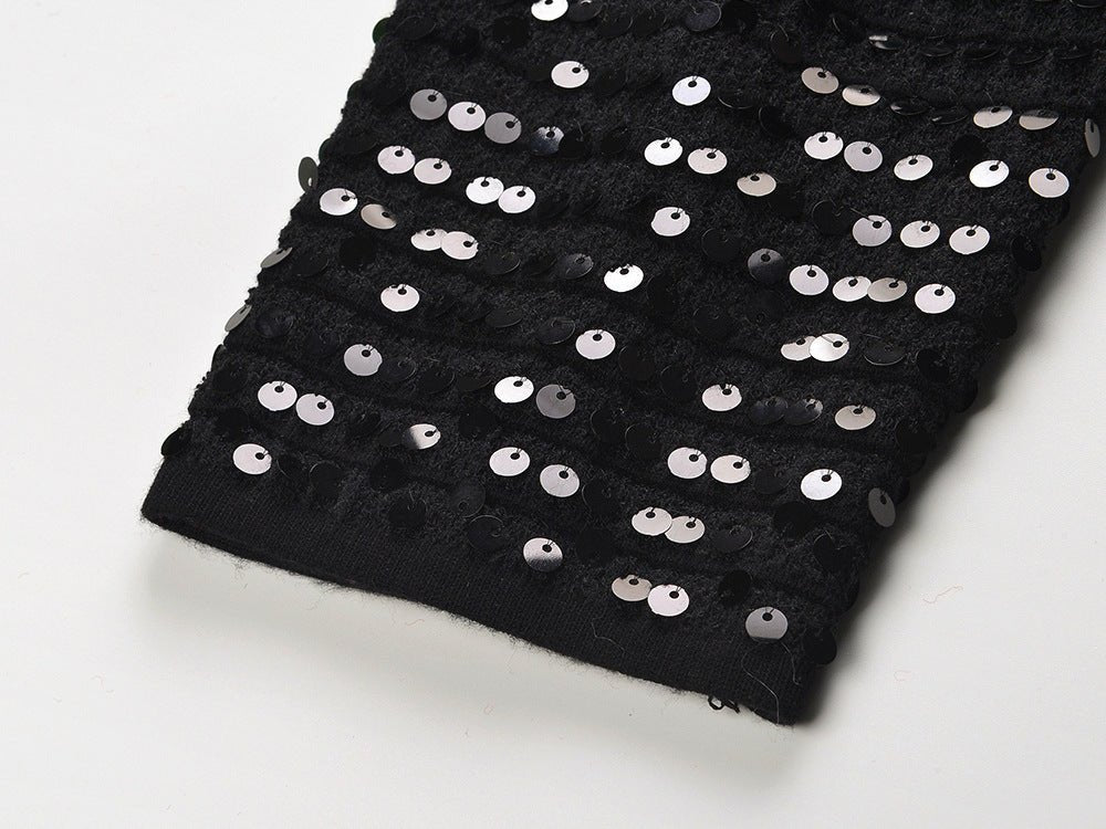 Black sequined cropped jacket with bejeweled buttons