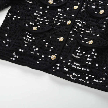 Black sequined cropped jacket with bejeweled buttons