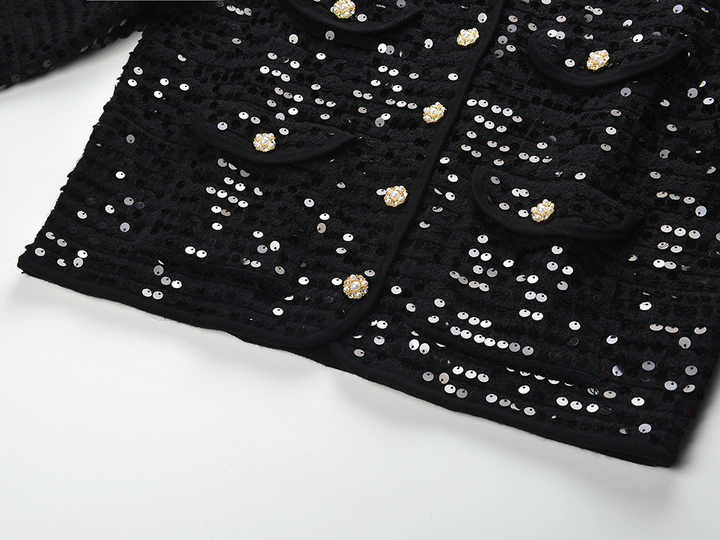 Black sequined cropped jacket with bejeweled buttons
