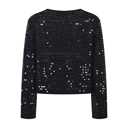 Black sequined cropped jacket with bejeweled buttons