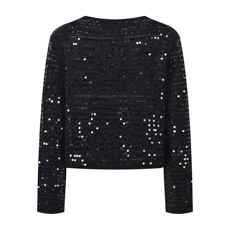 Black sequined cropped jacket with bejeweled buttons