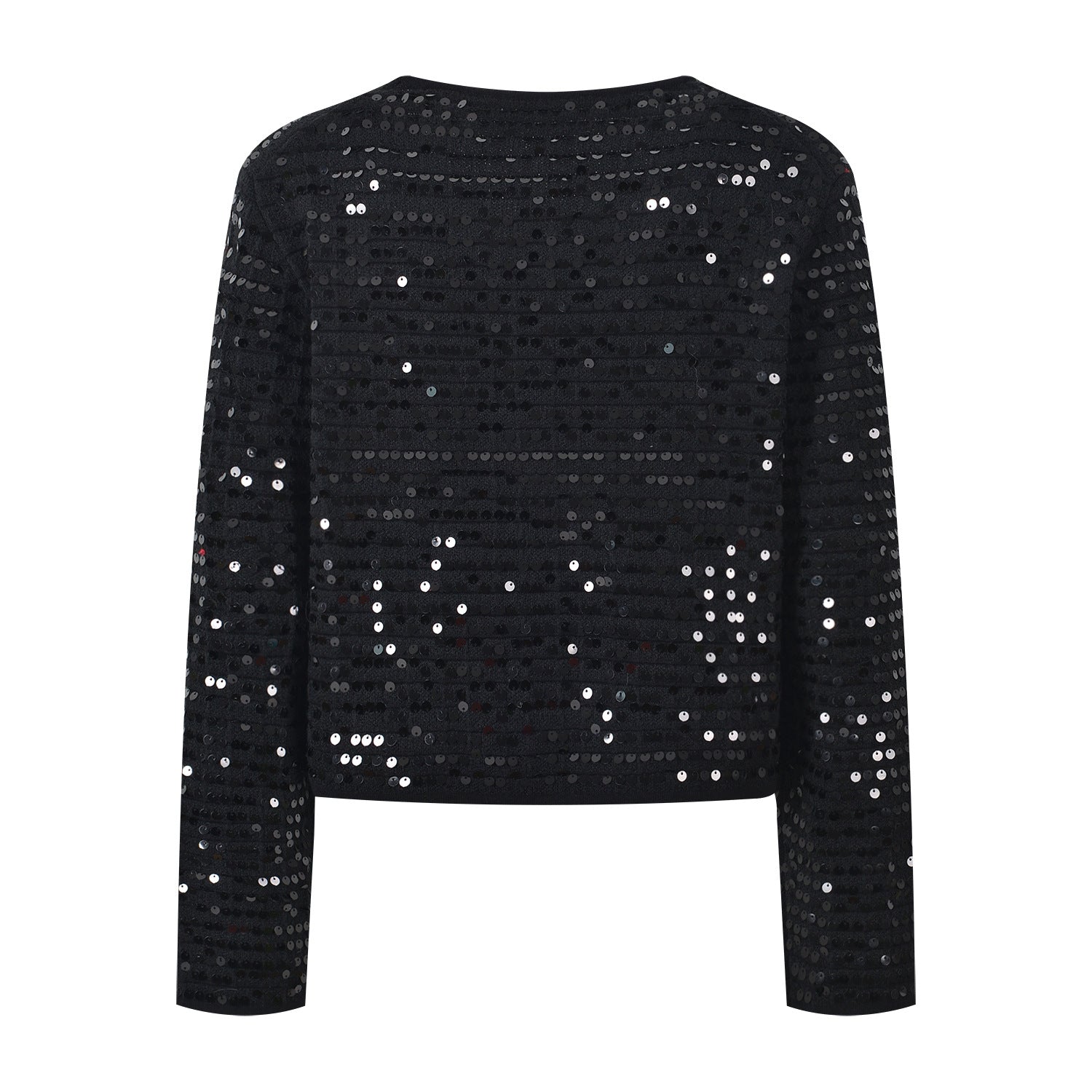 Black sequined cropped jacket with bejeweled buttons
