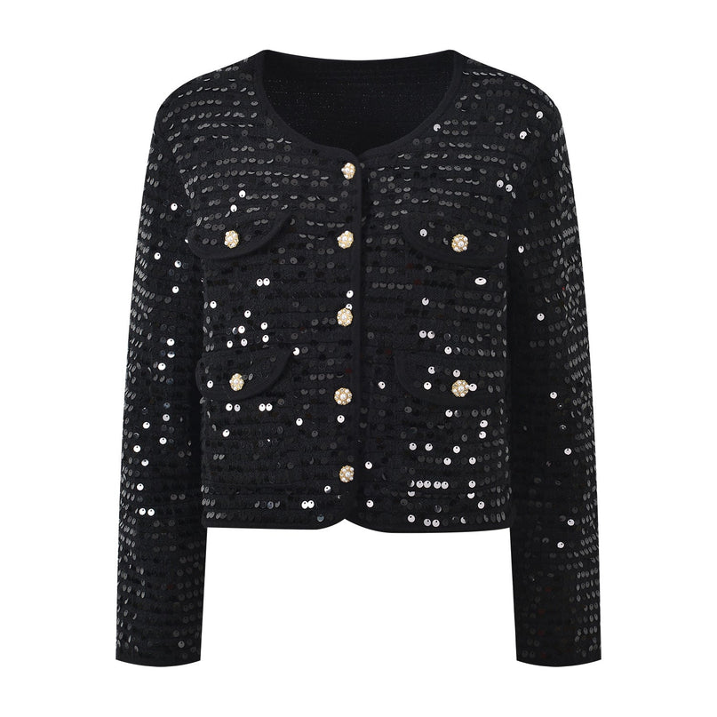 Black sequined cropped jacket with bejeweled buttons
