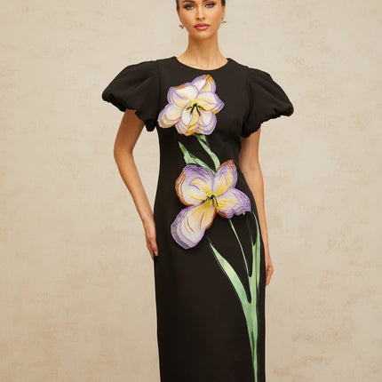 Black sequined midi dress with floral embroidery and shimmering details named Irene