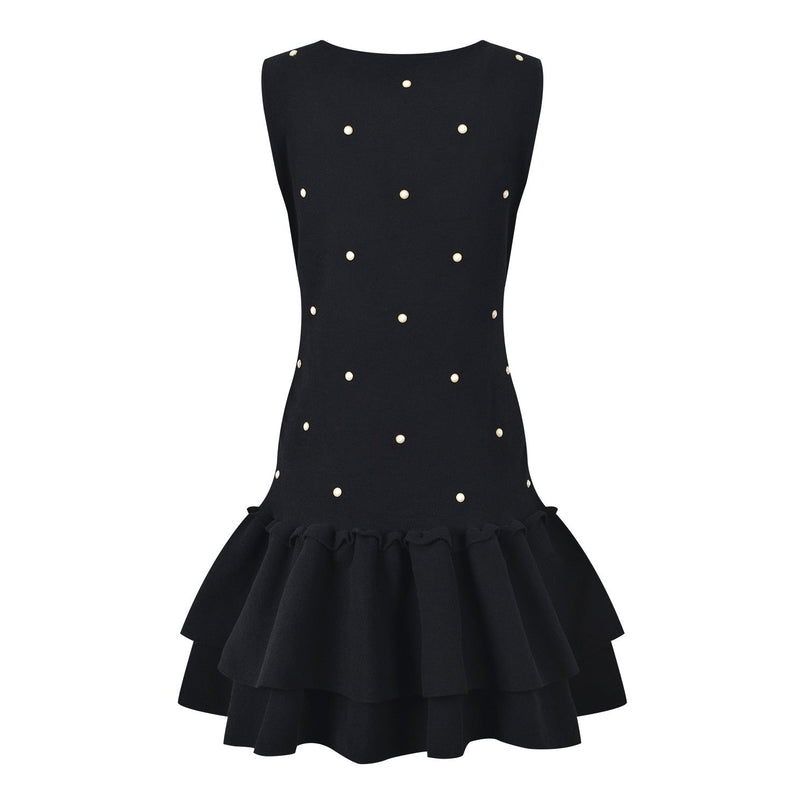 Black sleeveless dress with pearl embellishments and ruffle hem