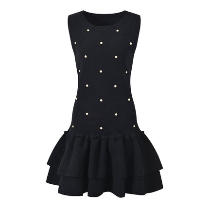 Black sleeveless dress with pearl embellishments and ruffle hem