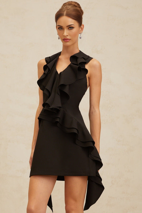 Black Sleeveless Halterneck Ruffled Detailing Mini Dress
