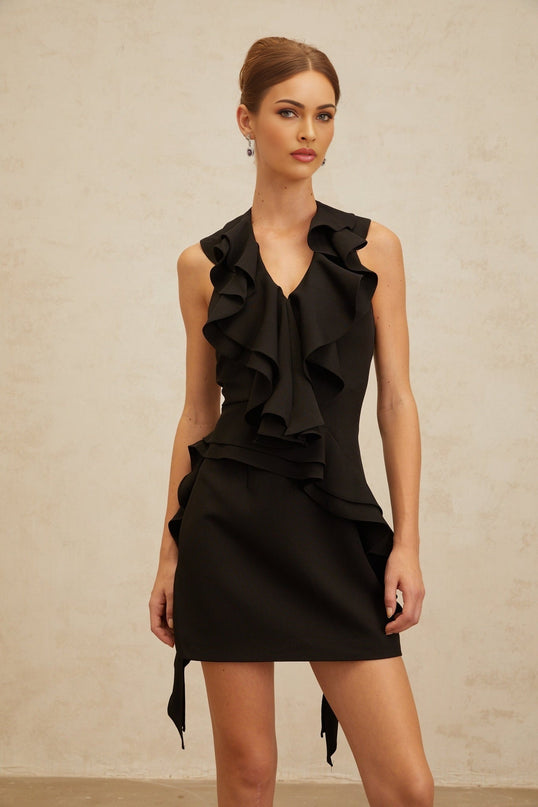Black Sleeveless Halterneck Ruffled Mini Dress