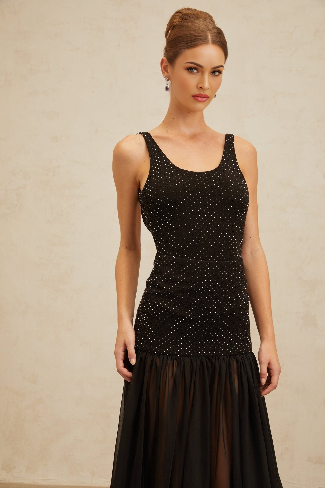 Black Sleeveless Scoop Neck Fitted Rhinestone Embellished Dress