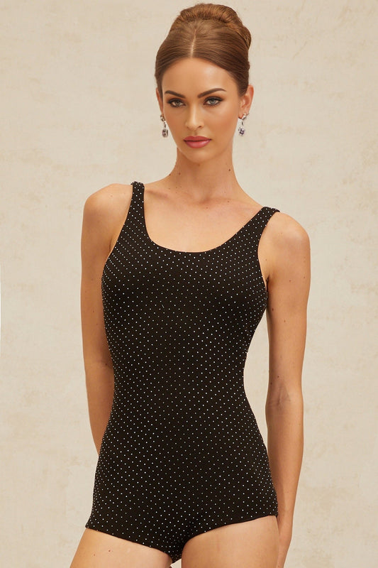 Black sleeveless scoop neck fitted silhouette rhinestone embellished dress