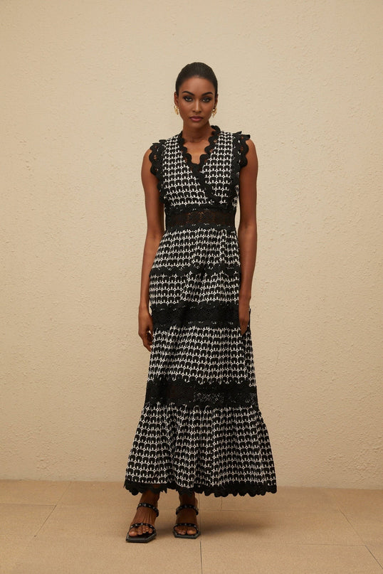 Black Sleeveless V-Neck Maxi Dress with Cut-out Design and Lace Panelling